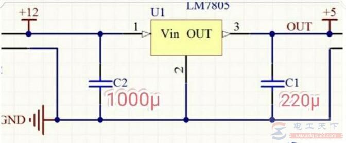 一例7805稳压电源将12V转5V的电路图