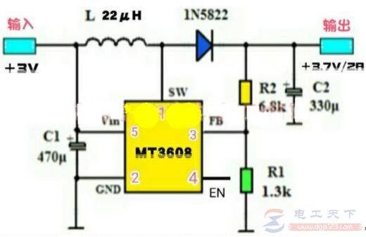 一例dc-dc升压ic构成3v转3.7v的升压电路图