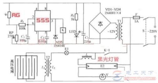 一例太阳能杀虫灯的电路原理图