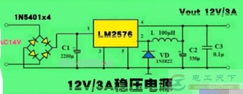 一例用LM2576制作的12V直流稳压电源电路图