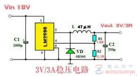 一例DC-DC降压IC制作的18V转3V稳压电路图