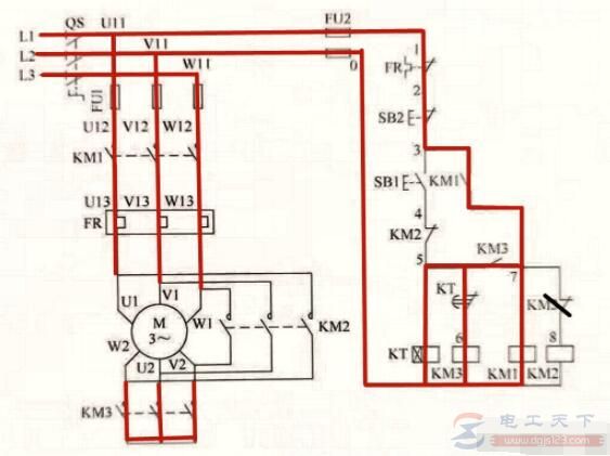 时间继电器控制的星三角降压启动电路图