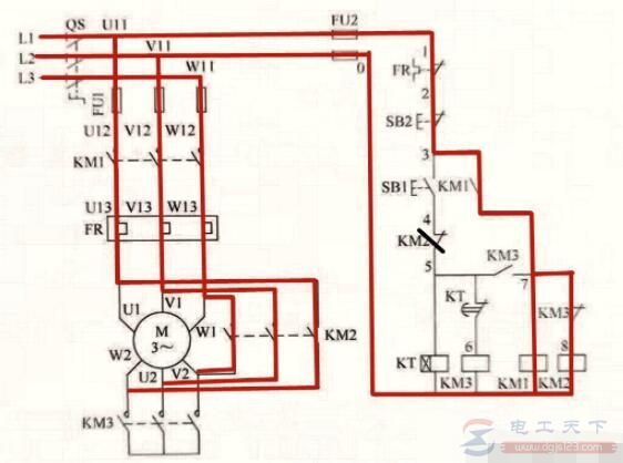 时间继电器控制的星三角降压启动电路图