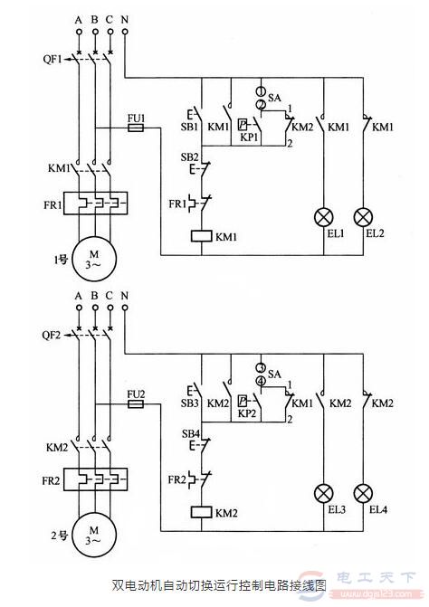 一例双电动机自动切换的控制电路接线图