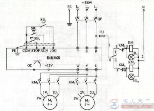 一台软启动器控制两台电动机的实现方法