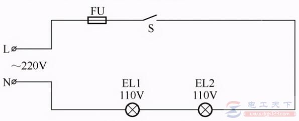 两个功率相同的110V白炽灯接在220V电源上的电路图