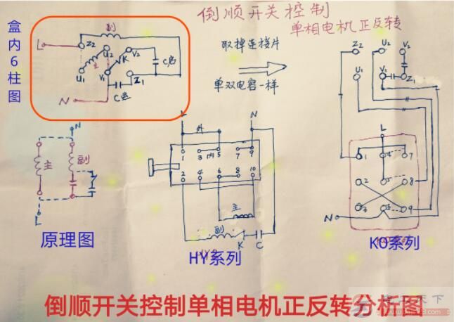 倒顺开关控制单相电机正反转的方法