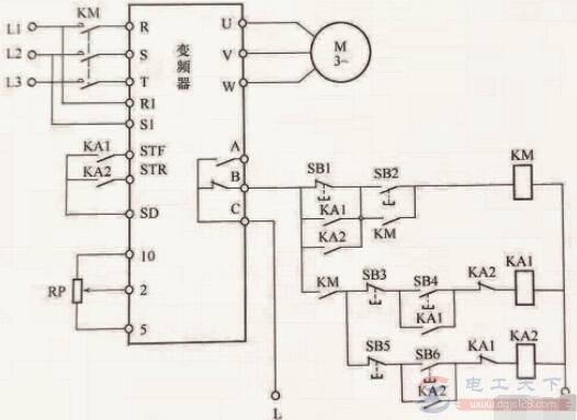 变频器外接继电器实现正反转控制的电路图