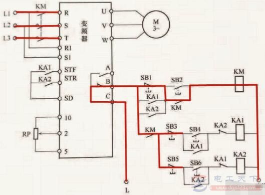 变频器外接继电器实现正反转控制的电路图