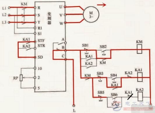 变频器外接继电器实现正反转控制的电路图