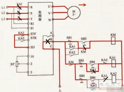 变频器外接继电器实现正反转控制的电路图