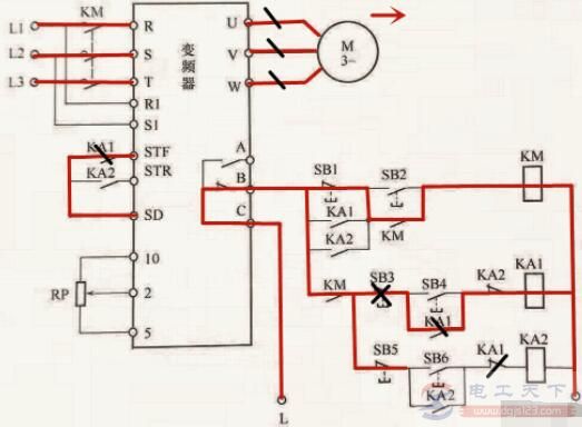变频器外接继电器实现正反转控制的电路图