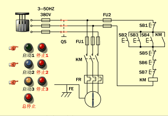 电工必备电气原理图11：多点控制的工作原理
