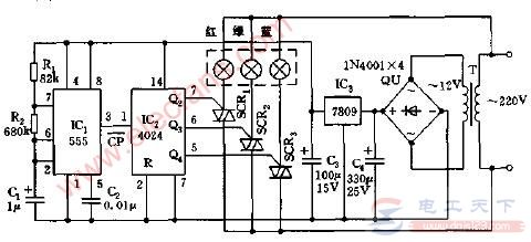 一例简单的自动循环七色彩灯控制电路图
