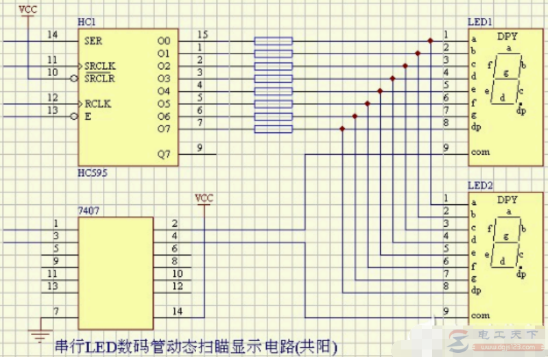 一例串行LED数码管的动态扫描显示电路(共阳)