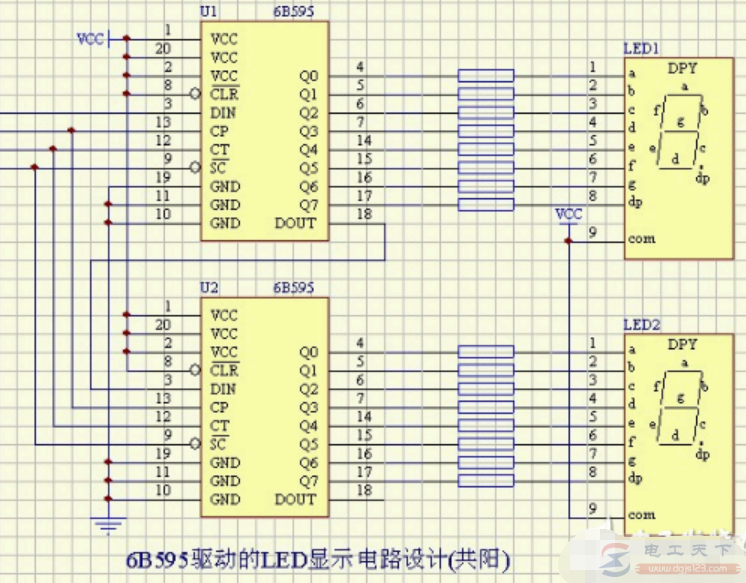 一例6B595驱动的LED显示电路图(共阳)