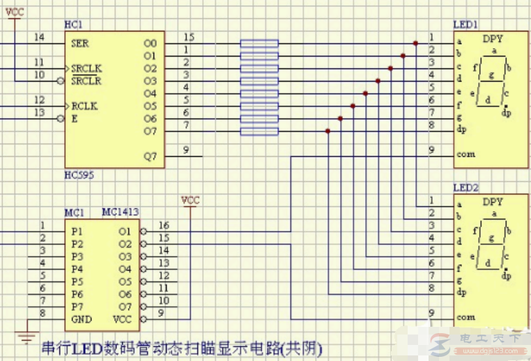 一例串行LED数码管动态扫描显示电路(共阴)