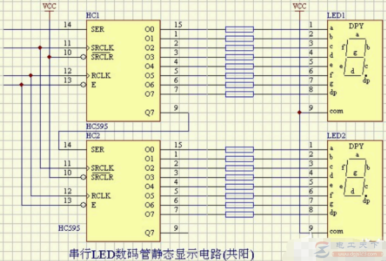 一例串行LED数码管的静态显示电路(共阳)