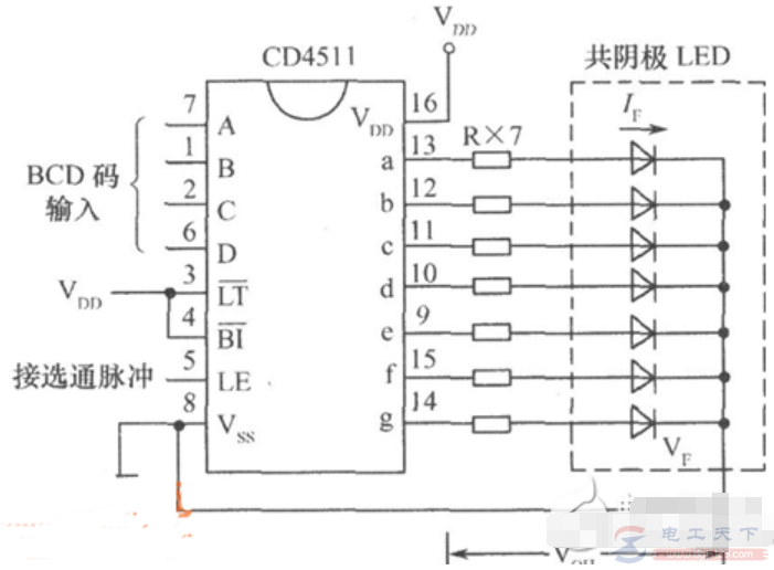 四例共阴极数码管电路图