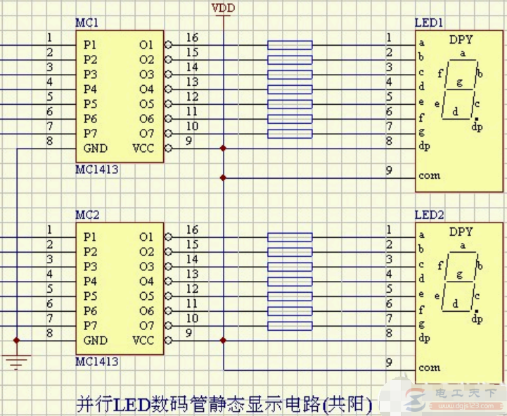 一例并行LED数据管静态显示电路（共阳）