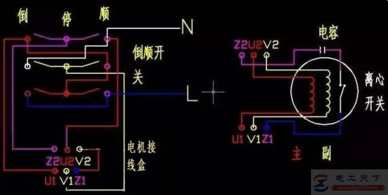 220V单相电机正反转的实物接线图