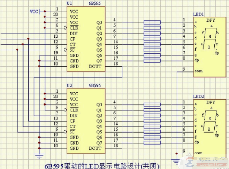 一例6B595驱动的LED显示电路(共阴)