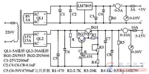 一例10A3～15V稳压可调电源的电路图