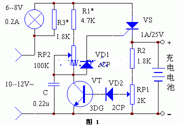 一例可控硅自动恒流充电器的电路原理图