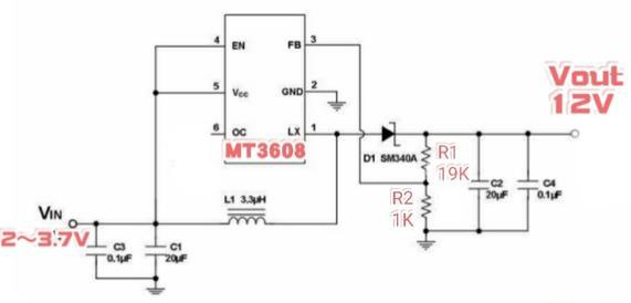 一例MT3608构成3.7v转12v的升压电路图