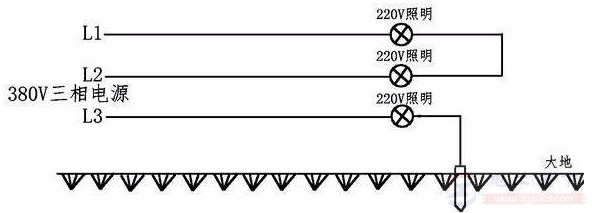 只有三相火线无零线怎么接220V的照明灯